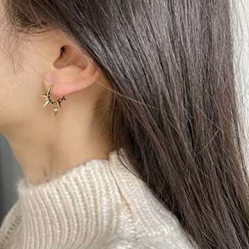 Gold Mini Dangle Huggie Earrings for Women, Dainty 14K Gold Plated Cubic Zirconia Small Hoop Earrings with Charm Drop, Jewelry Gift for Women Ladies (Spike B CZ)