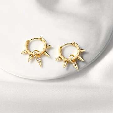 Gold Mini Dangle Huggie Earrings for Women, Dainty 14K Gold Plated Cubic Zirconia Small Hoop Earrings with Charm Drop, Jewelry Gift for Women Ladies (Spike B CZ)