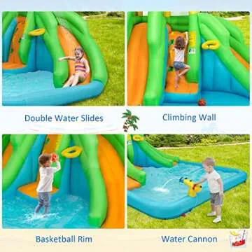 HONEY JOY Inflatable Water Slide, 6 in 1 Kids Bouncer Water Park w/Climbing Wall & 2 Long Slides, Splash Pool, Water Cannons, Indoor Outdoor Blow Up Water Slides for Backyard(with 480W Blower)