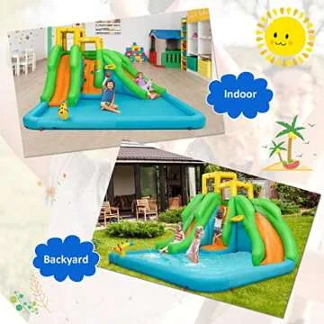 HONEY JOY Inflatable Water Slide, 6 in 1 Kids Bouncer Water Park w/Climbing Wall & 2 Long Slides, Splash Pool, Water Cannons, Indoor Outdoor Blow Up Water Slides for Backyard(with 480W Blower)