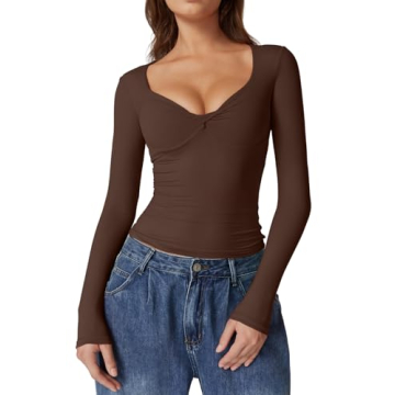 QINSEN Womens Long Sleeve Twist Front V Neck T-Shirt - Trendy Slim Fit Top in Brown