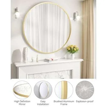 Large Round Mirror for Wall, 36 inch Gold Circle Mirror, HD Eco-Friendly Round Bathroom Mirror for Over Sink, Big Matte Gold Metal Framed Wall Mirror for Wall, Vanity, Living Room, Easy to Install