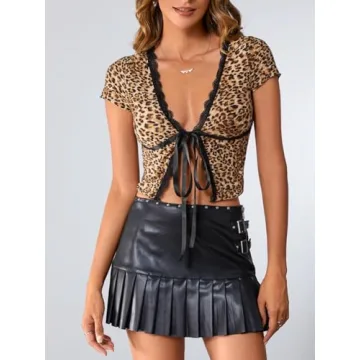Stylish SOLY HUX Leopard Print Deep V Neck Tee Top