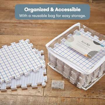 KnitIQ Double-Sided Blocking Mats for Knitting and Crochet Projects - Extra Thick Blocking Boards for Crochet with Gridlines - Inches and Centimeters - 100 T Pins and Storage Bag - Pack of 9