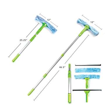 Telescopic Window Cleaning Kit with Super Squeegee and 3 Section Aluminum Extension Pole, Lightweight All-in-One 5 Piece Set - Microfiber Glass Washer Brush -2, Soft Rubber Strip -2, Best for Windows