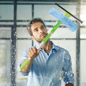 Telescopic Window Cleaning Kit with Super Squeegee and 3 Section Aluminum Extension Pole, Lightweight All-in-One 5 Piece Set - Microfiber Glass Washer Brush -2, Soft Rubber Strip -2, Best for Windows