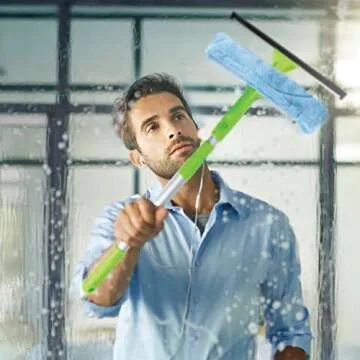 Telescopic Window Cleaning Kit with Super Squeegee and 3 Section Aluminum Extension Pole, Lightweight All-in-One 5 Piece Set - Microfiber Glass Washer Brush -2, Soft Rubber Strip -2, Best for Windows