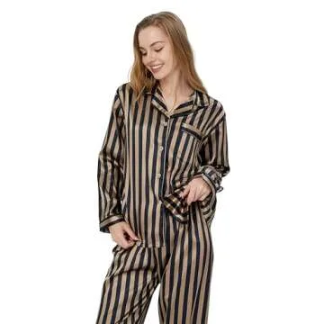 TONY AND CANDICE Women's Classic Satin Pajama Set Sleepwear Loungewear (Champagne and Black Striped, Small)