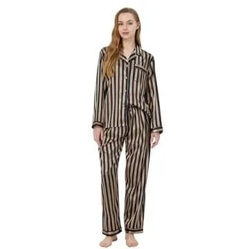 TONY AND CANDICE Women's Classic Satin Pajama Set Sleepwear Loungewear (Champagne and Black Striped, Small)
