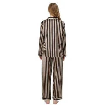 TONY AND CANDICE Women's Classic Satin Pajama Set Sleepwear Loungewear (Champagne and Black Striped, Small)