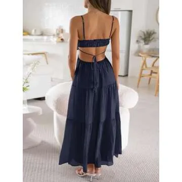 Fisoew Women's Spaghetti Strap Maxi Dress Summer Sleeveless Side Cut Out Dress Casual Boho Backless Flowy Long Dresses Navy Blue