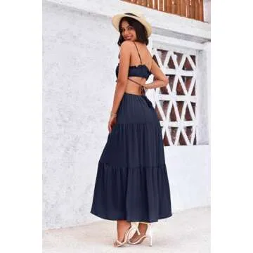 Fisoew Women's Spaghetti Strap Maxi Dress Summer Sleeveless Side Cut Out Dress Casual Boho Backless Flowy Long Dresses Navy Blue