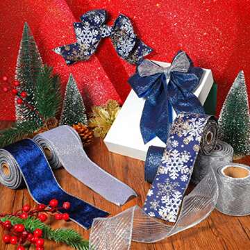 6 Rolls Christmas Wired Ribbon Glitter Wired Ribbon Metallic Rose Gold Ribbon Web Mesh Ribbon for Gift Wrapping DIY Christmas Tree Crafts Wedding Party Decoration, 2.5 Inch 6 Yards (Classic Style)