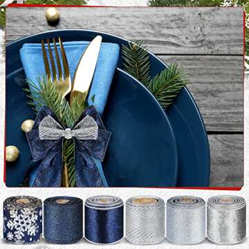 6 Rolls Christmas Wired Ribbon Glitter Wired Ribbon Metallic Rose Gold Ribbon Web Mesh Ribbon for Gift Wrapping DIY Christmas Tree Crafts Wedding Party Decoration, 2.5 Inch 6 Yards (Classic Style)