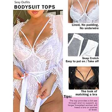 Dlsave Womens Sexy Lace Bodysuit Lingerie V Neck Straps Eyelash One Piece Teddy Bodysuit Corset Tops for Women