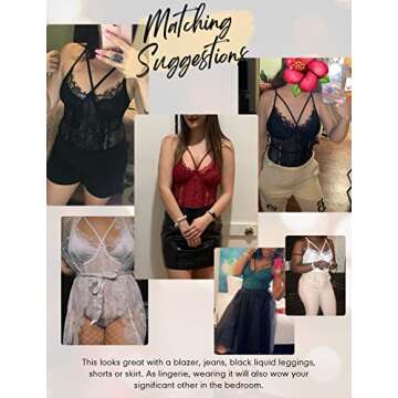 Dlsave Womens Sexy Lace Bodysuit Lingerie V Neck Straps Eyelash One Piece Teddy Bodysuit Corset Tops for Women