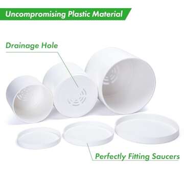 D'vine Dev 6.5 Inch 8 Inch 10 Inch, Set of 3 Plastic Planter Pots for Plants with Drainage Hole and Seamless Saucers, White Color, Large, 74-V-A-4