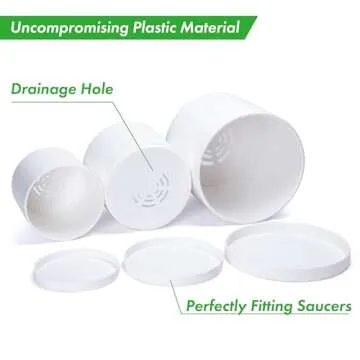D'vine Dev 6.5 Inch 8 Inch 10 Inch, Set of 3 Plastic Planter Pots for Plants with Drainage Hole and Seamless Saucers, White Color, Large, 74-V-A-4