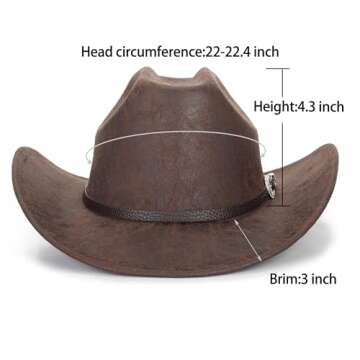 Eohak Western-Cowboy-Hats for Women-Men Brown-Pu-Leather-Cowgirl-Hat Wide-Brim-Fedora-Hats Outback Tourist Knight Hat（M-L） (US, Alpha, Medium, Brown)