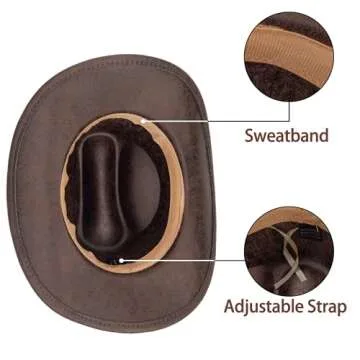 Eohak Western-Cowboy-Hats for Women-Men Brown-Pu-Leather-Cowgirl-Hat Wide-Brim-Fedora-Hats Outback Tourist Knight Hat（M-L） (US, Alpha, Medium, Brown)