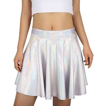 HDE Women's Casual Fashion Flared Pleated A-Line Circle Skater Skirt Silver Holographic - XXL