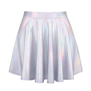 HDE Casual Flared Pleated Skater Skirt - Silver Holographic