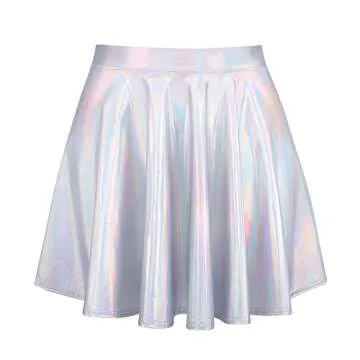 HDE Casual Flared Pleated Skater Skirt - Silver Holographic