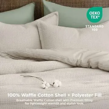 Bedsure Waffle Comforter Set King, Linen Soft Cotton Bedding, Waffle Weave Bed Set, 3 Pieces, 1 Comforter (104"x90") and 2 Pillow Shams, Premium Cotton Cover with Polyester Fill for All Seasons