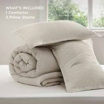 Bedsure Waffle Comforter Set King, Linen Soft Cotton Bedding, Waffle Weave Bed Set, 3 Pieces, 1 Comforter (104"x90") and 2 Pillow Shams, Premium Cotton Cover with Polyester Fill for All Seasons