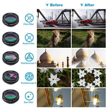 Apexel APL-DG10 10 in 1 Cell Phone Camera Lens Kit Wide Angle Lens & Macro Lens+ Fisheye Lens+Telephoto Lens+CPL/Flow/Radial/Star Filter+Kaleidoscope 3/6 Lens for iPhone Samsung Sony, Black