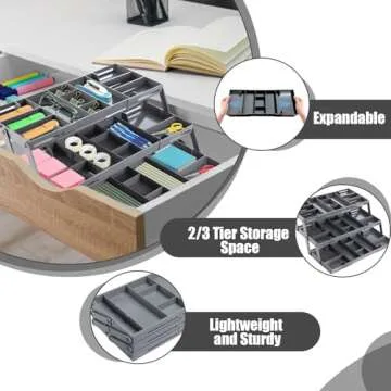 Ysglory 3 Tier Drawer Organizer Smart Collapsible Desk Organizer Multi Level Expandable Junk Drawer Organizer Storage Tray for Makeup, Jewelry, Office Supplies, Kitchen Gadgets (1 Row with 3-Tier)