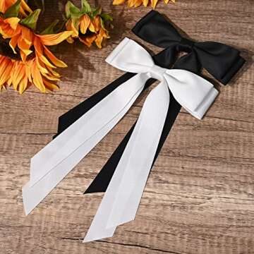 2PCS Silky Satin Hair Bows Hair Clip Black White Hair Ribbon Ponytail Holder Accessories Slides Meta...