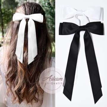 2PCS Silky Satin Hair Bows Hair Clip Black White Hair Ribbon Ponytail Holder Accessories Slides Metal Clips Hair Bow for Women Girls Toddlers Teens Kids