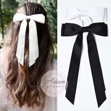 2PCS Silky Satin Hair Bows Hair Clip Black White Hair Ribbon Ponytail Holder Accessories Slides Metal Clips Hair Bow for Women Girls Toddlers Teens Kids