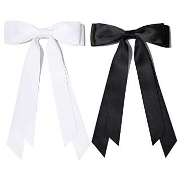 2PCS Silky Satin Hair Bows Hair Clip Black White Hair Ribbon Ponytail Holder Accessories Slides Metal Clips Hair Bow for Women Girls Toddlers Teens Kids