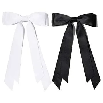 2PCS Silky Satin Hair Bows Hair Clip Black White Hair Ribbon Ponytail Holder Accessories Slides Metal Clips Hair Bow for Women Girls Toddlers Teens Kids