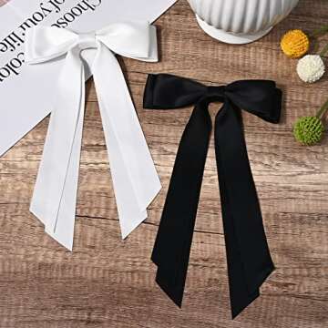 2PCS Silky Satin Hair Bows Hair Clip Black White Hair Ribbon Ponytail Holder Accessories Slides Metal Clips Hair Bow for Women Girls Toddlers Teens Kids