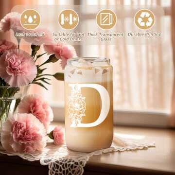 Coolife Initial Glass Cup, Monogrammed Gifts for Women, 16 oz Glass Cups w/Lids Straws, Iced Coffee ...