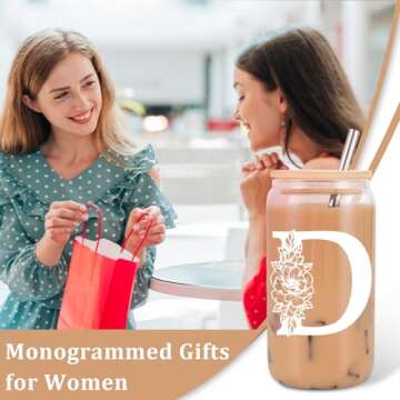 Coolife Initial Glass Cup, Monogrammed Gifts for Women, 16 oz Glass Cups w/Lids Straws, Iced Coffee Smoothie Beer Tumbler w/Straw Lid - Personalized Mothers Day, Birthday Gifts for Her Mom Friend