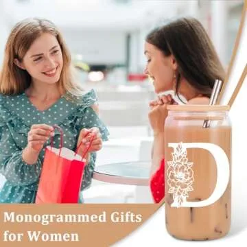 Coolife Initial Glass Cup, Monogrammed Gifts for Women, 16 oz Glass Cups w/Lids Straws, Iced Coffee Smoothie Beer Tumbler w/Straw Lid - Personalized Mothers Day, Birthday Gifts for Her Mom Friend