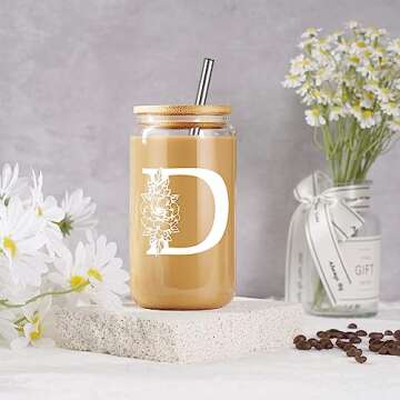 Coolife Initial Glass Cup, Monogrammed Gifts for Women, 16 oz Glass Cups w/Lids Straws, Iced Coffee Smoothie Beer Tumbler w/Straw Lid - Personalized Mothers Day, Birthday Gifts for Her Mom Friend