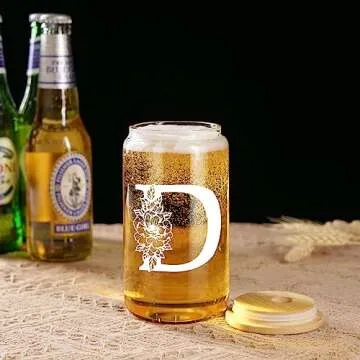 Coolife Initial Glass Cup, Monogrammed Gifts for Women, 16 oz Glass Cups w/Lids Straws, Iced Coffee Smoothie Beer Tumbler w/Straw Lid - Personalized Mothers Day, Birthday Gifts for Her Mom Friend