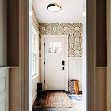 TEENYO Simple LED Flush Mount Ceiling Light Black and Wood Ceiling Light 16 Inch Modern Round Ceilin...