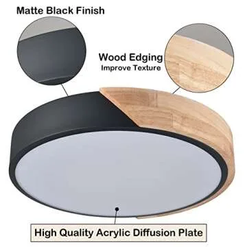 TEENYO Simple LED Flush Mount Light Black and Wood 16 Inch