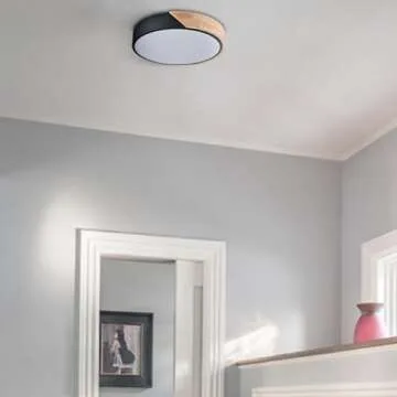 TEENYO Simple LED Flush Mount Light Black and Wood 16 Inch