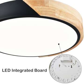 TEENYO Simple LED Flush Mount Light Black and Wood 16 Inch