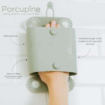 Porcupine Shower Wall Hair Catcher, Modern Silicone Design Collects & Conceals Wet Hair in Bathroom, Prevents Clogged Drains, Reusable, Removable, Easy to Clean, Heavy Duty Hanger Included (Cool Gray)
