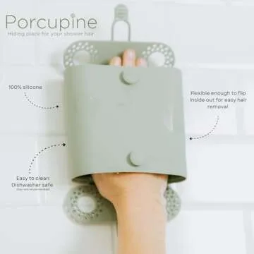 Porcupine Shower Wall Hair Catcher, Modern Silicone Design Collects & Conceals Wet Hair in Bathroom, Prevents Clogged Drains, Reusable, Removable, Easy to Clean, Heavy Duty Hanger Included (Cool Gray)