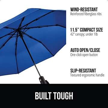 Gorilla Grip Windproof Compact Stick Umbrella for Rain, One-Click Automatic Open and Close, Strong R...