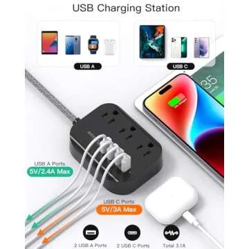 Cruise Ship Essentials - Power Strip with USB, Mountable Flat Plug Power Strip with 3 Outlets 4 USB Ports(Smart 3.1A), 5ft Braided Extension Cord, Compact for Cruise Ship, Travel, Home, Dorm